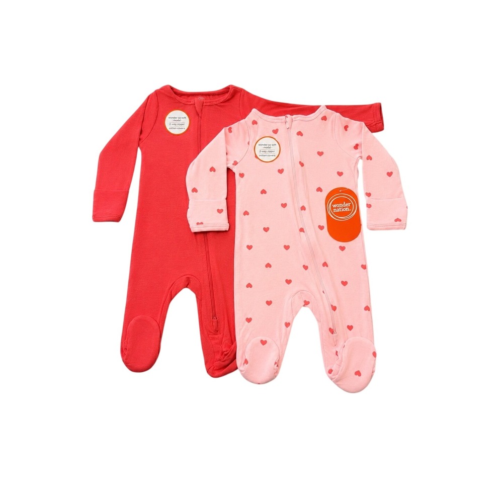 Wonder Nation 2 Pack Baby Sleepers 3-6M Modal 2-Way Zip Hearts Coral Pink NEW